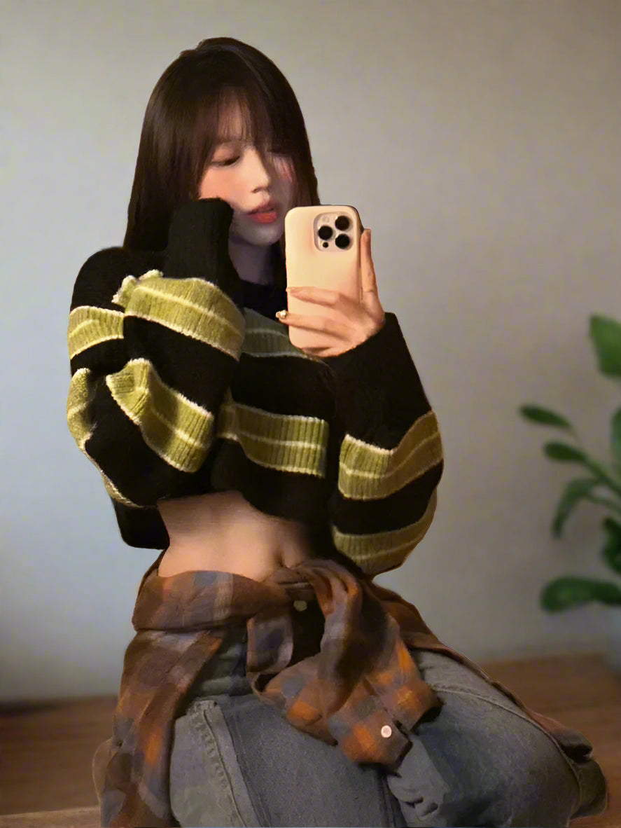 Y2k Sexy Girl Cropped Sweater Women Thin Loose Striped Pullover Korean Fashion Harajuku Streetwear Vintage Jumper Fairy Sueter