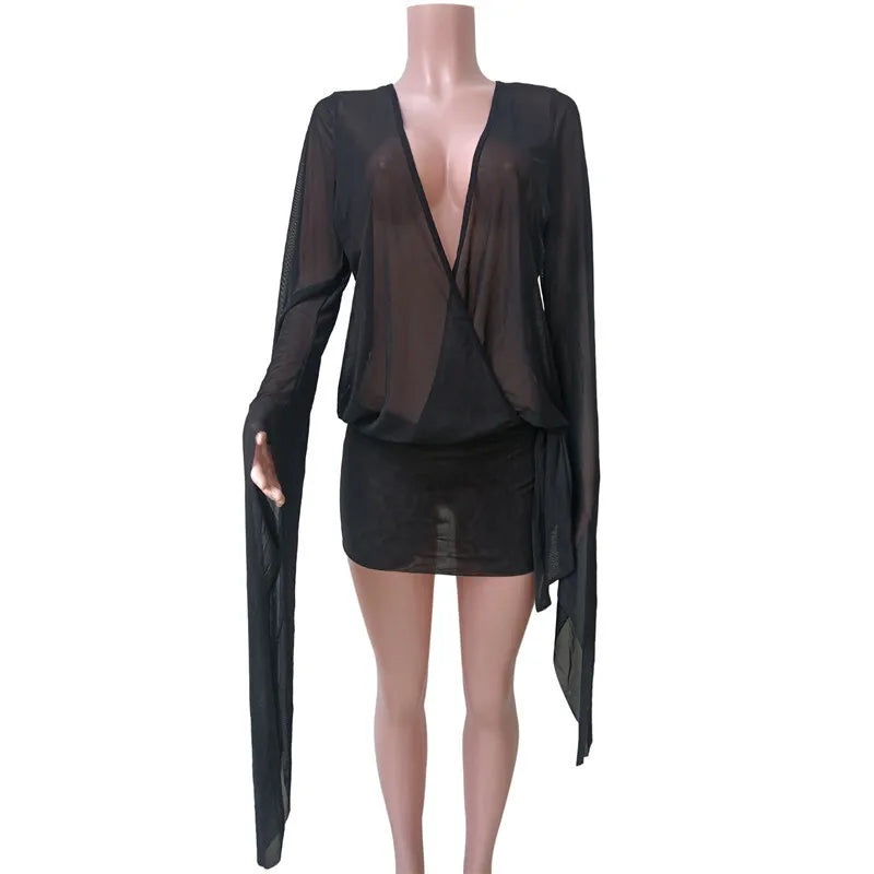 Mesh See Through Sexy Mini Dress For Women Black Sheer Mesh Deep V Neck Long Sleeve Backless Draped Ruched Dress