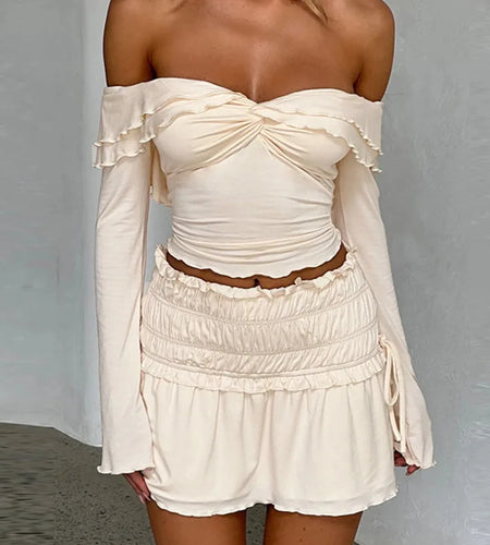 Slim Sexy Skirt Two Piece Sets Women Strapless Long Sleeve Crop Top And Hot Mini Skirt Female Party Two Piece Sets