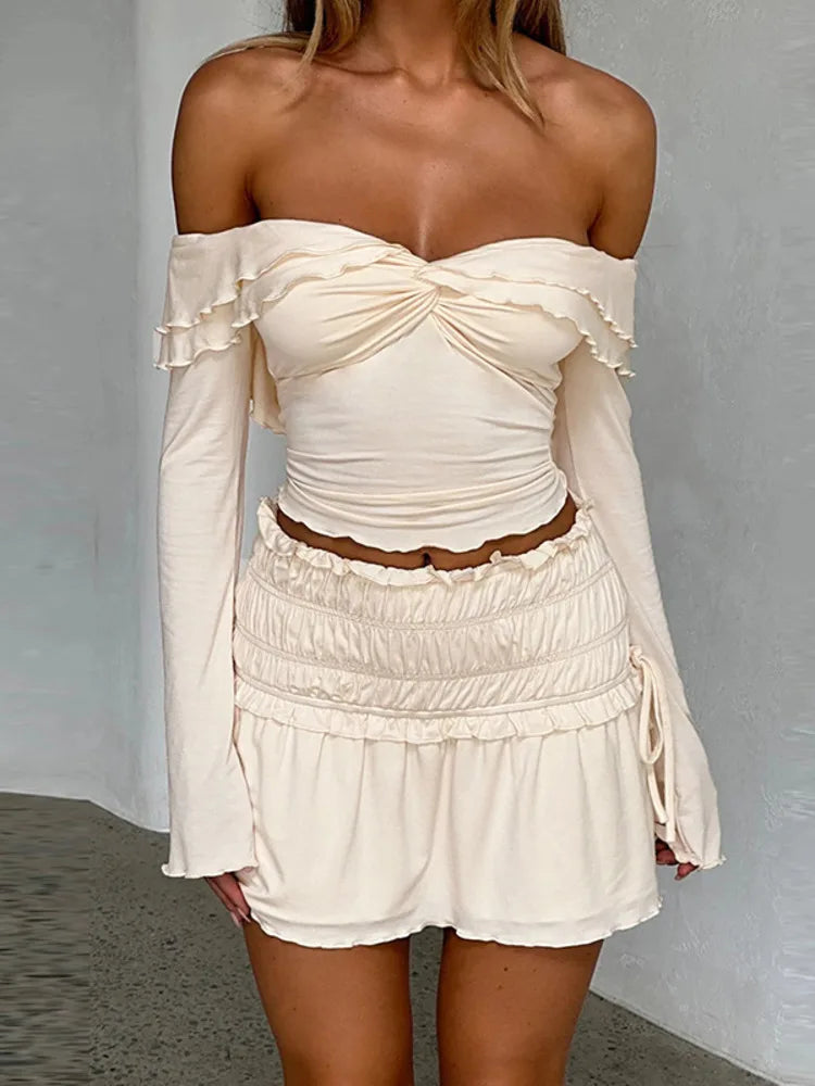 Slim Sexy Skirt Two Piece Sets Women Strapless Long Sleeve Crop Top And Hot Mini Skirt Female Party Two Piece Sets