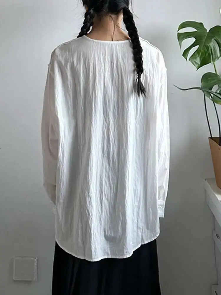 Women Balck Irregular Button Pleated Big Size Thin Blouse New V-neck Long Sleeve Shirt Fashion Spring Autumn 2025 1DJ0300