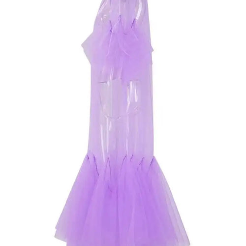 Load image into Gallery viewer, Women Purple Ruffles Mesh Perspective Big Size Long Dress New Round Neck Half Sleeve Fashion Spring Summer 2025 JR7711
