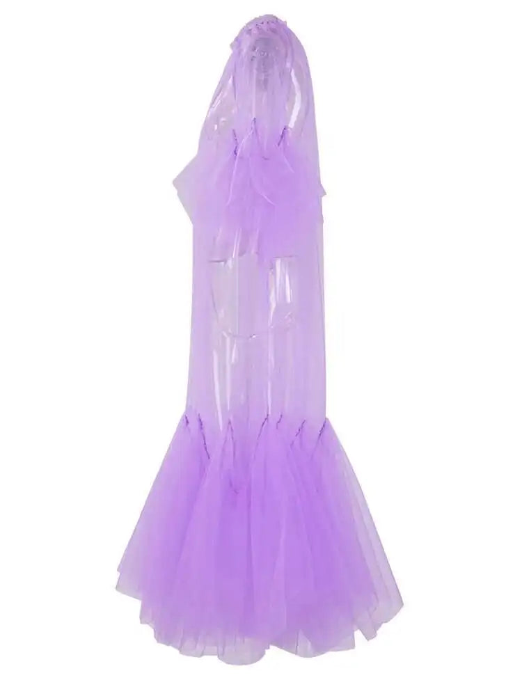 Women Purple Ruffles Mesh Perspective Big Size Long Dress New Round Neck Half Sleeve Fashion Spring Summer 2025 JR7711