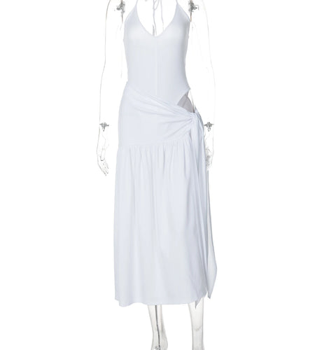 Fashion 2 Pcs Sets Solid White Backless Sexy Bodysuit Slit Bandage Pleated Maxi Skirt Women Outfits Festival Holiday