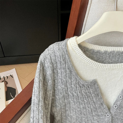 Load image into Gallery viewer, Korean Autumn Winter Patchwork Elegant Button Pullover Short Sweater Women's 2024 New Long Sleeved Knitted Tops Versatile Casual
