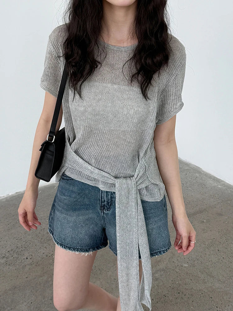 Women Blue Knitting Bandage Thin Casual T-shirt New Round Neck Short Sleeve Fashion Tide Spring Summer 2025 1DJ1305