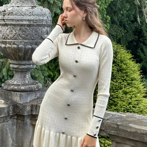 Load image into Gallery viewer, Autumn Long Sleeve Knit Dress For Women Fashion Lapel Single-btrasted Button High Waist Ruffled Mini Dress Knitwear
