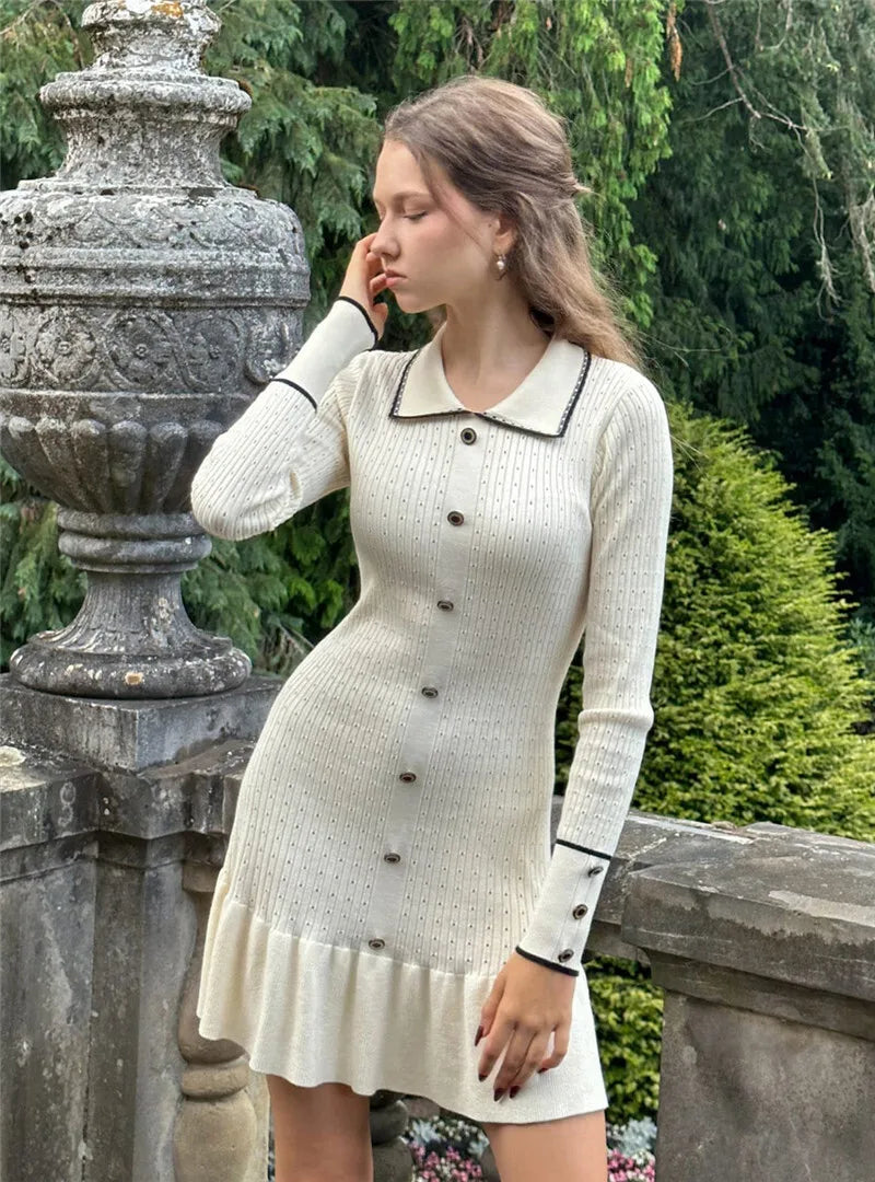 Autumn Long Sleeve Knit Dress For Women Fashion Lapel Single-btrasted Button High Waist Ruffled Mini Dress Knitwear