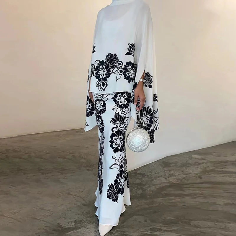 Fashion Muslim Abaya Tops Skirts Loose Two Piece Set  Autumn Spring Flower Print Women’s Muslim Outfits Set 2025 New