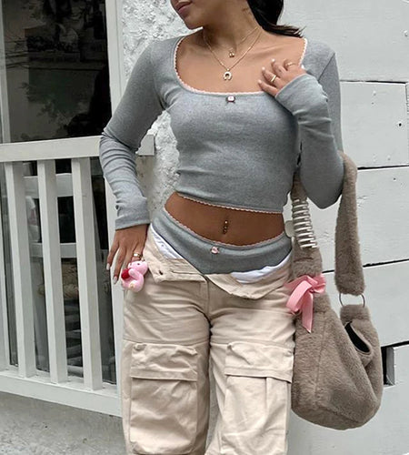 Cutecore Square Neck Hotsweet Long Sleeve T shirt Slim Basic Casual Autumn Women's Tee Top Short Coquette Clothes