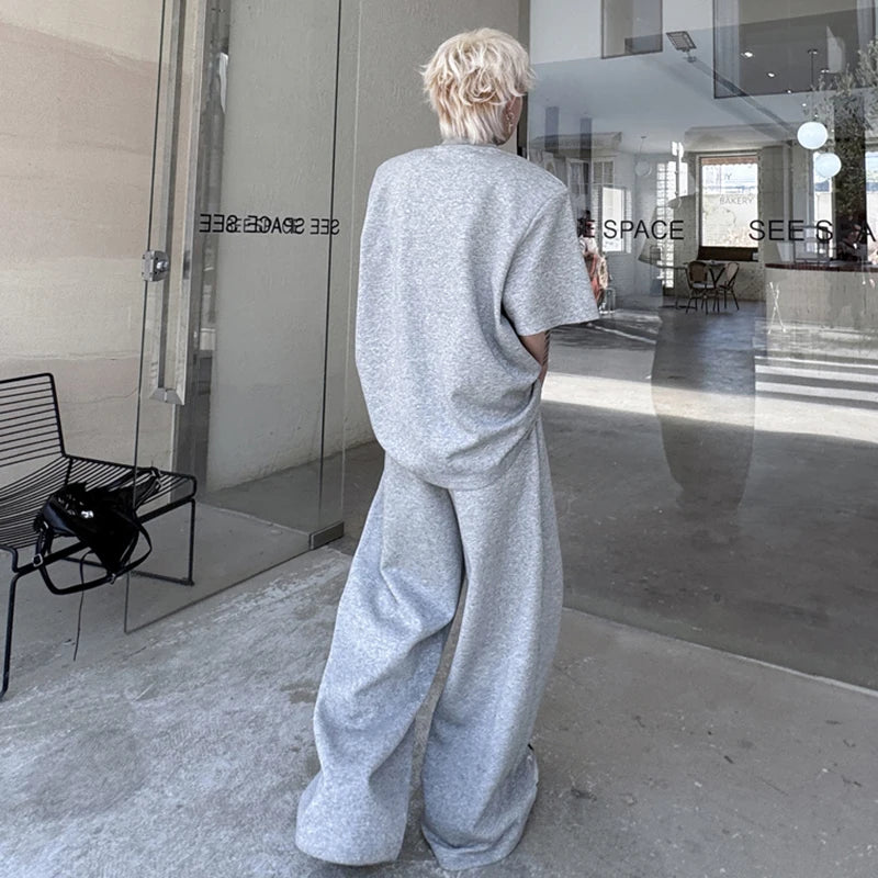 Men's Pants Set New Summer Contrast Colors Rivet Zipper Design Short Sleeved Sweatshirt Casual Straight Leg Pants 9W1798