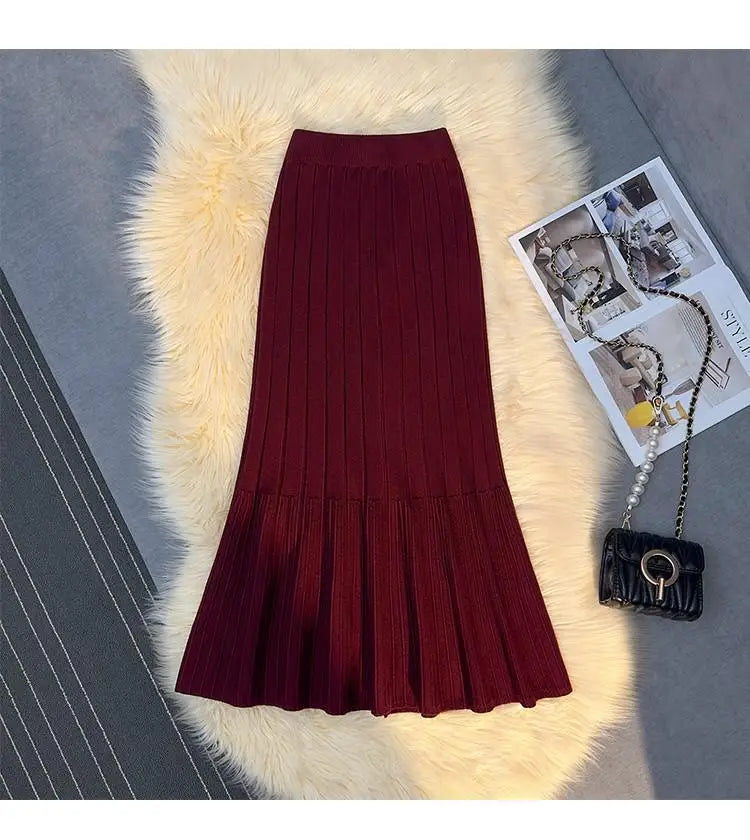 Vintage Women Solid High Waist Versatile Pleated A-line Long Skirt 2024 Autumn Winter French Sweet Knitted Fishtail Skirt Street