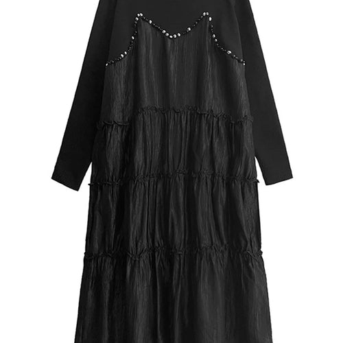 Load image into Gallery viewer, Women Black Knitting Beads Pleated Big Size Midi Dress New Round Neck Long Sleeve Fashion Tide Spring Autumn 2025 1DH9219
