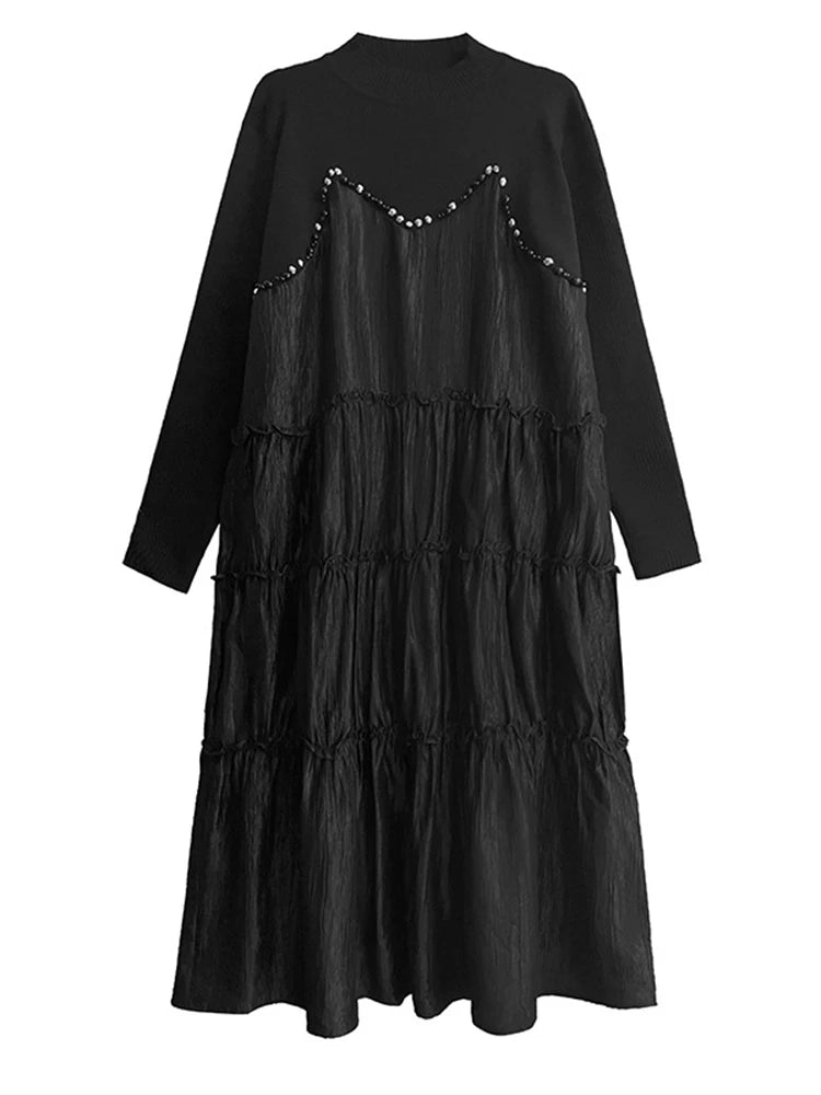 Women Black Knitting Beads Pleated Big Size Midi Dress New Round Neck Long Sleeve Fashion Tide Spring Autumn 2025 1DH9219