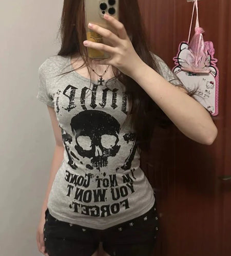 Vintage Woman T Shirts Slim Waist Punk Tees 2024 Ropa Mujer Short Sleeve Fashion Camisetas Skull Print Casual Y2k Tshirt Tops