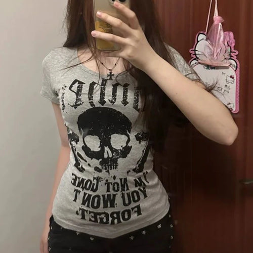 Load image into Gallery viewer, Vintage Woman T Shirts Slim Waist Punk Tees 2024 Ropa Mujer Short Sleeve Fashion Camisetas Skull Print Casual Y2k Tshirt Tops

