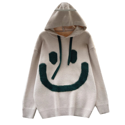 Load image into Gallery viewer, Women Patchwork Smiling Face Pullover Sweater Korean Loose Long Sleeve Casual Autumn Winter Thick Warm Knitted Hooded Tops Trend
