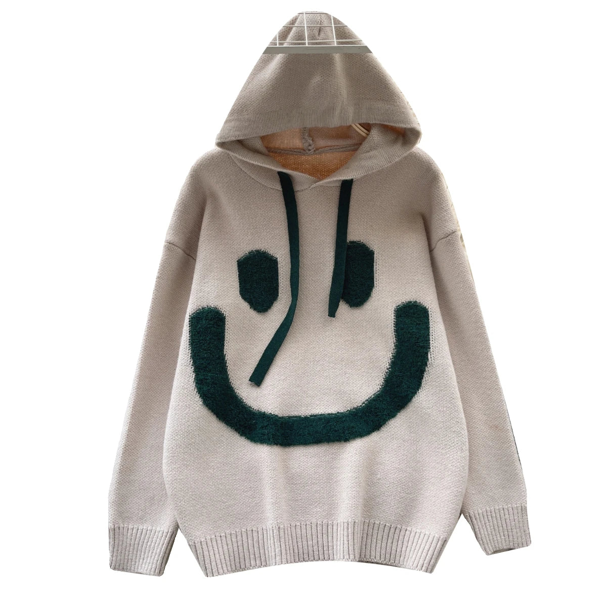 Women Patchwork Smiling Face Pullover Sweater Korean Loose Long Sleeve Casual Autumn Winter Thick Warm Knitted Hooded Tops Trend