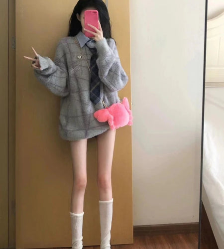 Y2k Aesthetic Autumn Patchwork Sweater Women Letter Embroidery Harajuku Knitted Pullover Streetwear Oversized Grunge Jumper