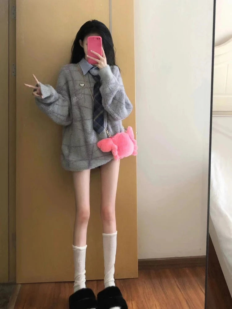 Y2k Aesthetic Autumn Patchwork Sweater Women Letter Embroidery Harajuku Knitted Pullover Streetwear Oversized Grunge Jumper