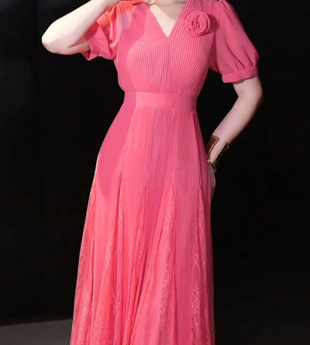 Solid Spliced Mesh Elegant Dresses for Women V Neck Short Sleeves High Waist Patchwork 3D Flower Long Dress Female