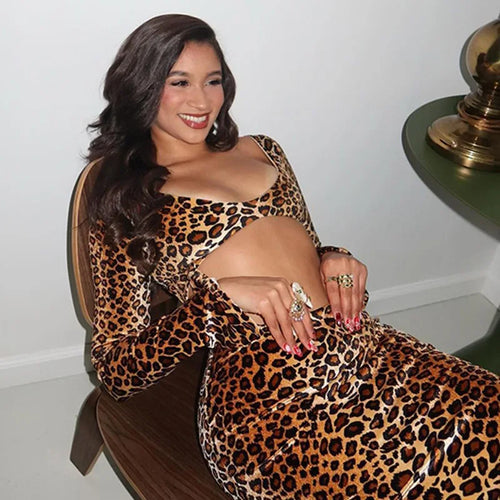 Load image into Gallery viewer, Leopard Print Long Sleeve Sexy Maxi Dress For Women Fashion Hollow Out Bodycon Printed Sexy Long Dress Elegant

