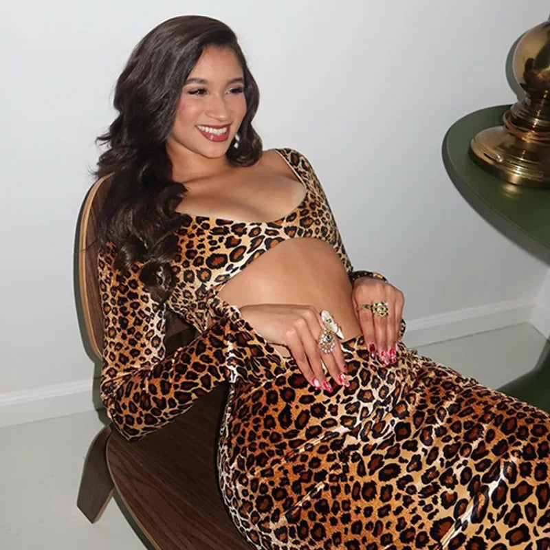 Leopard Print Long Sleeve Sexy Maxi Dress For Women Fashion Hollow Out Bodycon Printed Sexy Long Dress Elegant