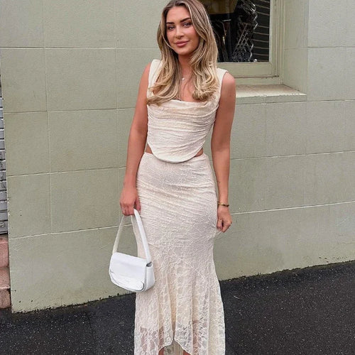 Load image into Gallery viewer, Elegant Women 2 Piece Dress Set 2023 Maxi Wedding Guest Dress Lace Up Crop Top and Maxi Skirt Set Formal Event Dress
