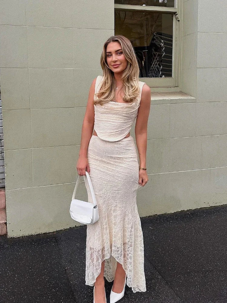 Elegant Women 2 Piece Dress Set 2023 Maxi Wedding Guest Dress Lace Up Crop Top and Maxi Skirt Set Formal Event Dress