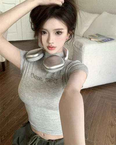 Load image into Gallery viewer, 2025 Letter Rhinestones Short Sleeve T-shirts Half High Collar Basic Vintage Cropped Tops Women Y2k Aesthetic Slim Harajuku Tees
