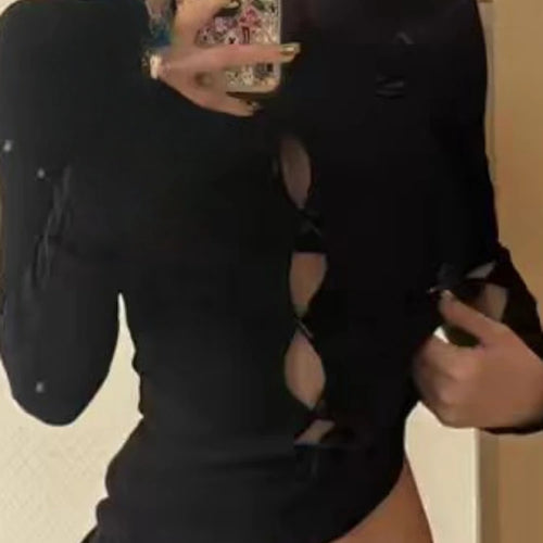 Load image into Gallery viewer, Y2k Aesthetic Sexy Hollow Out Tshirts Women Harajuku Gothic Punk Black T-shirt 2025 Autumn Streetwear Bodycon Bow Tees Femme
