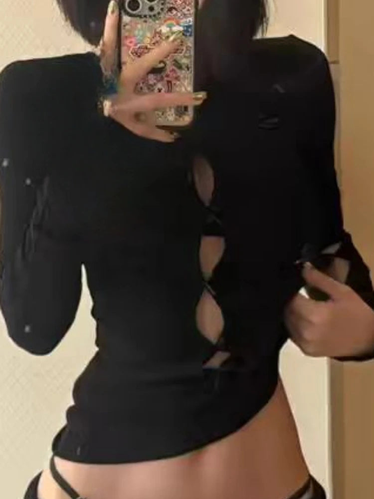 Y2k Aesthetic Sexy Hollow Out Tshirts Women Harajuku Gothic Punk Black T-shirt 2025 Autumn Streetwear Bodycon Bow Tees Femme