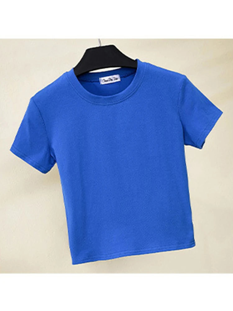 Green Crop Top T-Shirt Female Solid Cotton O-Neck Short Sleeve T-shirts for Women High Waist Slim Short Sport Femme T-Shirt