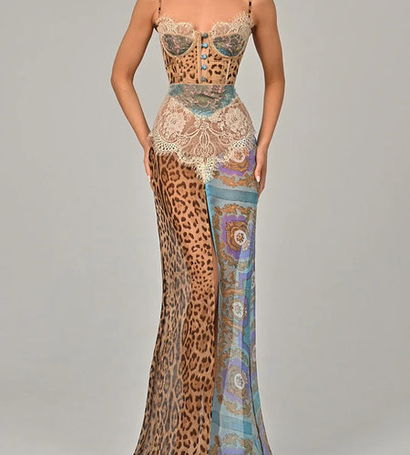 Leopard Print Lace Split Sexy Maxi Dress Women Gown Elegant Patchwork Chiffon Sleeveless Backless Beach Evening Dress