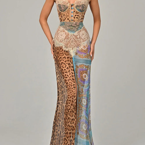 Load image into Gallery viewer, Leopard Print Lace Split Sexy Maxi Dress Women Gown Elegant Patchwork Chiffon Sleeveless Backless Beach Evening Dress
