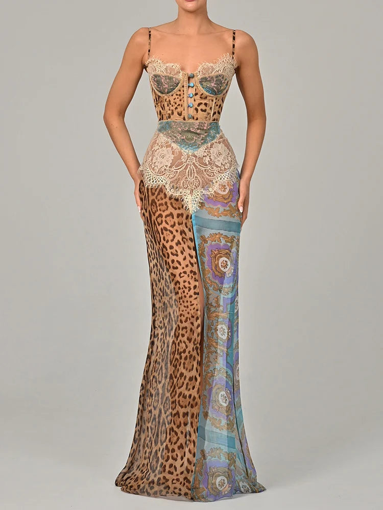 Leopard Print Lace Split Sexy Maxi Dress Women Gown Elegant Patchwork Chiffon Sleeveless Backless Beach Evening Dress