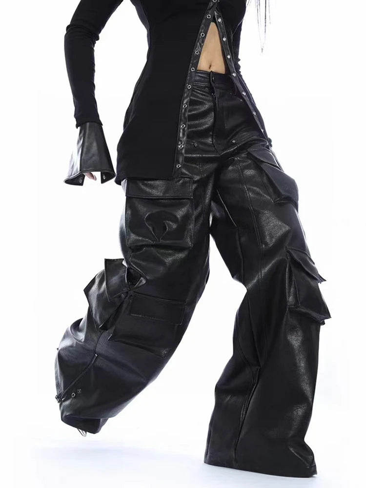 Solid Casual Patchwork Pockets Leather Pants For Women High Waist Spliced Button Wide Leg Pant Female Fashion