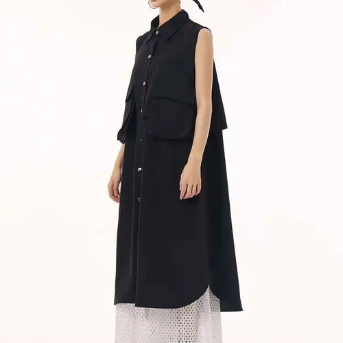 Load image into Gallery viewer, Women Black Shaped Pockets Big Size Midi Shirt Vest Dress New Lapel Sleeveless Fashion Tide Spring Autumn 2025 1DH9471

