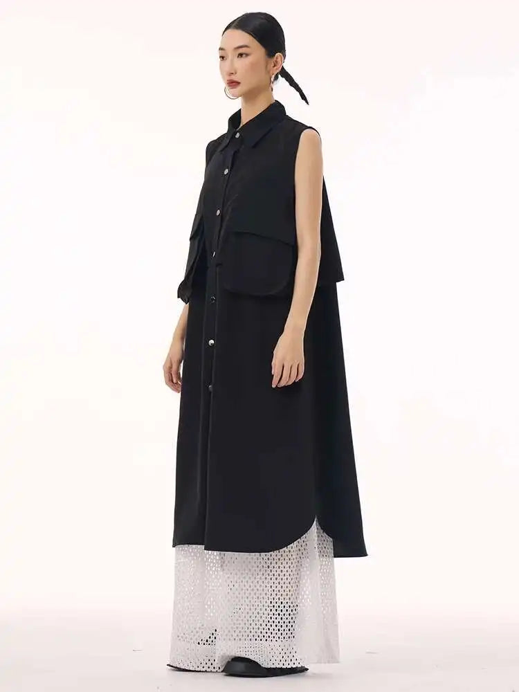 Women Black Shaped Pockets Big Size Midi Shirt Vest Dress New Lapel Sleeveless Fashion Tide Spring Autumn 2025 1DH9471