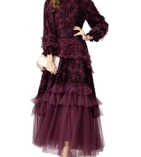 Spliced Fungus Folds Elegant Dresses for Women Round Neck Long Sleeves High Waist Patchwork Mesh Dress Female New