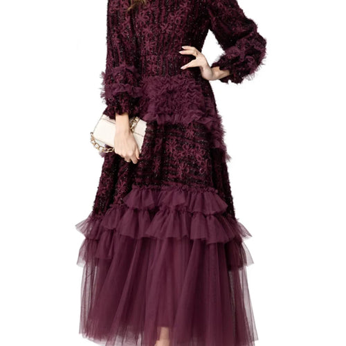 Load image into Gallery viewer, Spliced Fungus Folds Elegant Dresses for Women Round Neck Long Sleeves High Waist Patchwork Mesh Dress Female New
