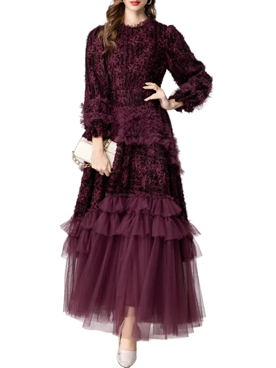 Spliced Fungus Folds Elegant Dresses for Women Round Neck Long Sleeves High Waist Patchwork Mesh Dress Female New