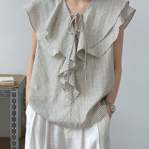 Load image into Gallery viewer, Women Navy Blue Ruffles Striped Elegant  Blouse New V-Neck Short Sleeve Shirt Fashion Tide Spring Summer 2025 1DJ1697
