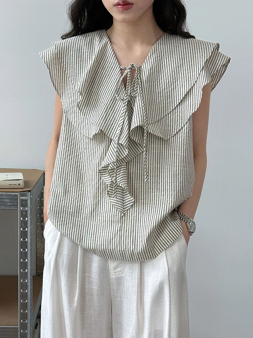 Women Navy Blue Ruffles Striped Elegant  Blouse New V-Neck Short Sleeve Shirt Fashion Tide Spring Summer 2025 1DJ1697