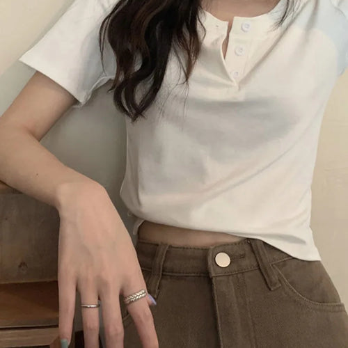 Load image into Gallery viewer, women t-shirt open button short Sleeve Crop Top Ladies Clothing 2024 Solid Basic T Shirt Casual Skinny White Slim Female Tops
