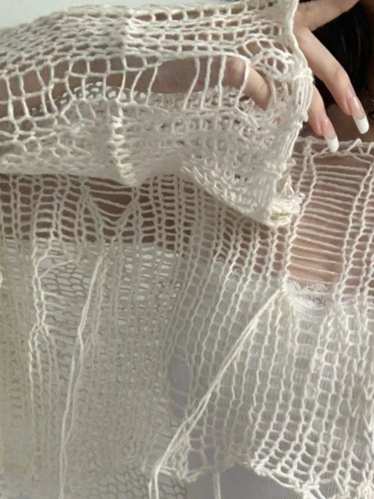 Summer Fairy Hollow Out Streetwear Crop T-shirts Grunge Loose Y2k Aesthetic Tees Harajuku Vintage Casual Knitted Tops Women