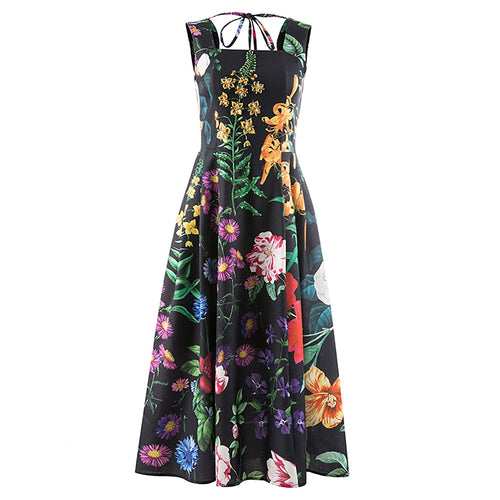 Load image into Gallery viewer, Hit Color Print Elegant Dresses For Women Square Collar Sleeveless High Waist Folds Summer Dress Female Fashion
