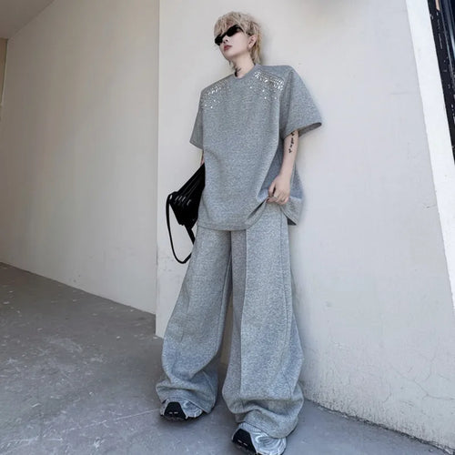 Load image into Gallery viewer, Men's Pants Set New Summer Handmade Nail Diamond Style Short Sleeve T-shirt Wide Leg Casual Pants Menwear Male Suit 9W1503
