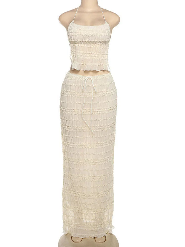 Chiffon Lace Sexy Skirt Two Piece Sets Women Halter Crop Tops And Maxi Skirt Ladies Fashion Woman Long Dress Set