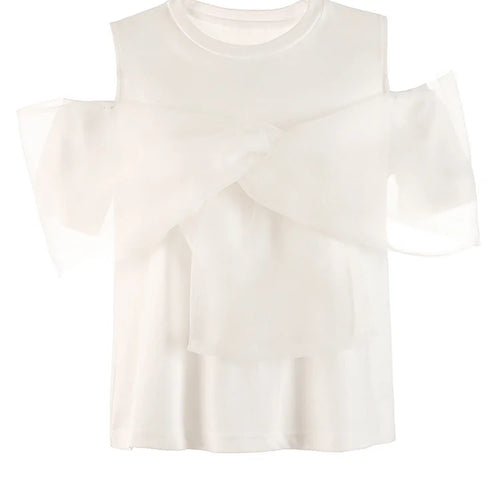 Load image into Gallery viewer, Women pink Color Mesh Bow Off Shoulder Elegant T-shirt New Round Neck Short Sleeve Fashion Tide Spring Summer 2025 1DF8193
